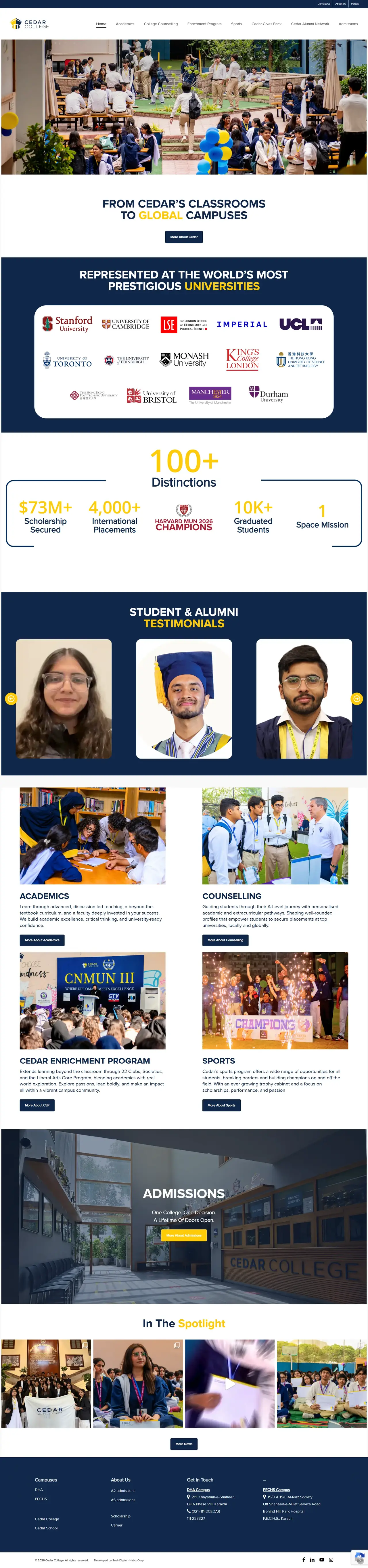Full-page view of the Cedar College website, built by Habix Corp